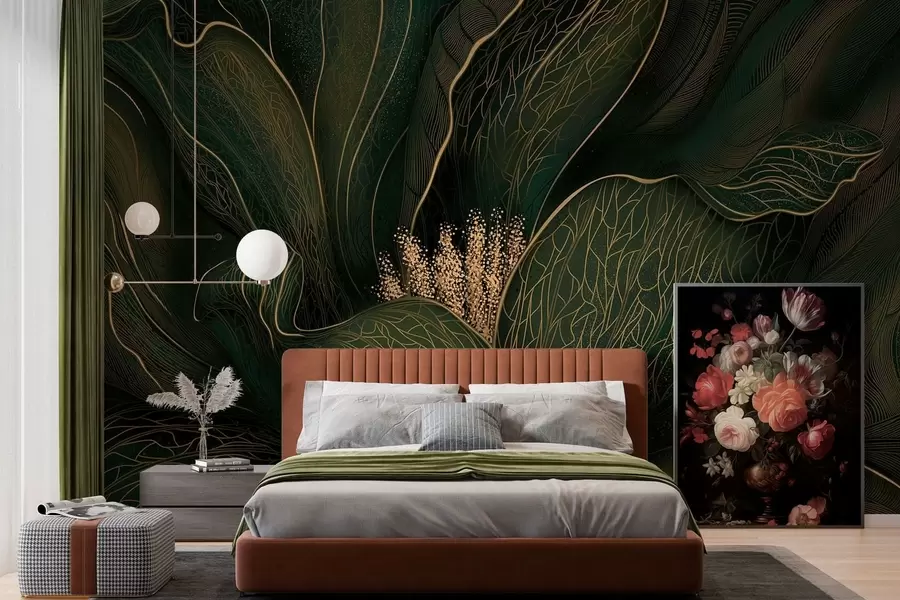 murais de parede Flor abstrata em verde escuro com detalhes em linhas finas w05119v1
