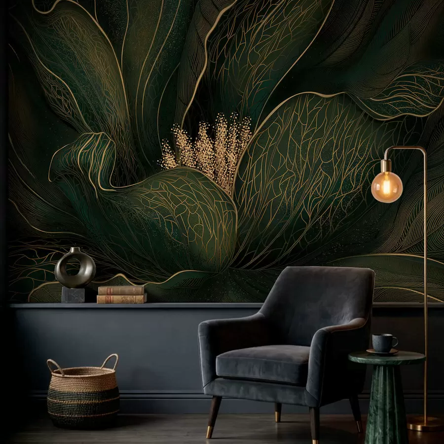 murais de parede Flor abstrata em verde escuro com detalhes em linhas finas w05119v1