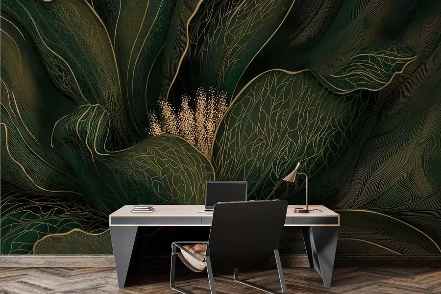murais de parede Flor abstrata em verde escuro com detalhes em linhas finas w05119v1