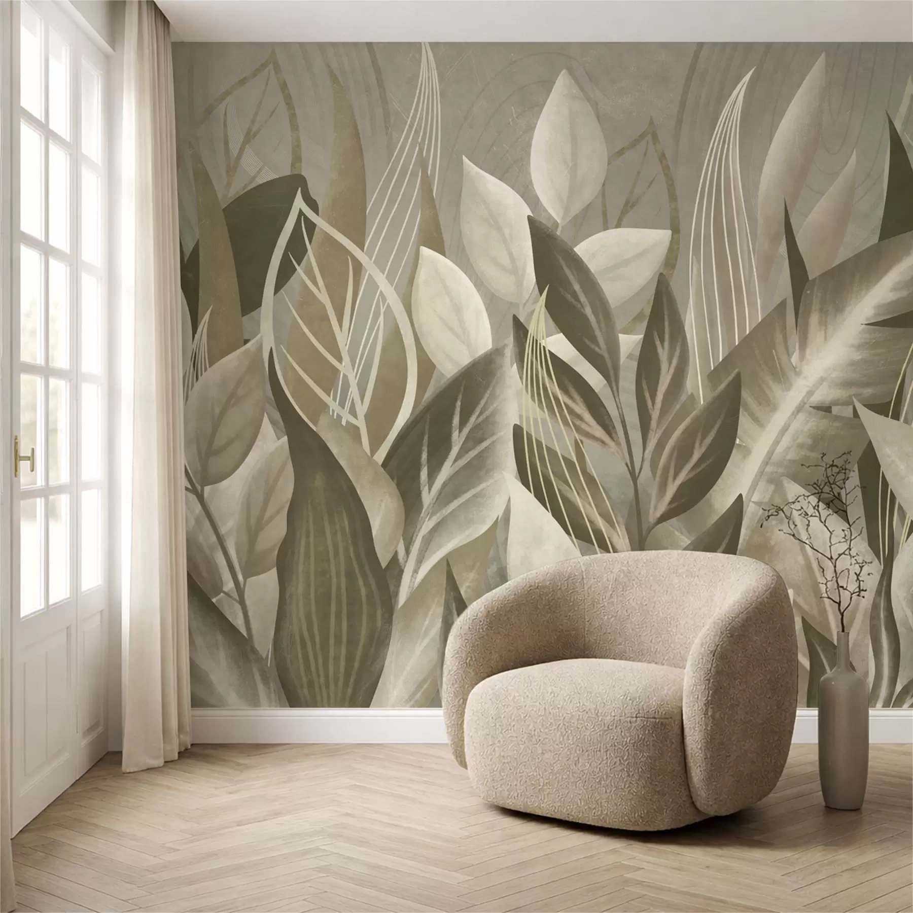 murais de parede Folhas abstratas em tons de bege e verde w05148