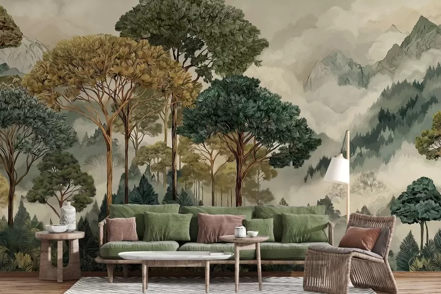 murais de parede Floresta com árvores altas nas montanhas enevoadas w05410