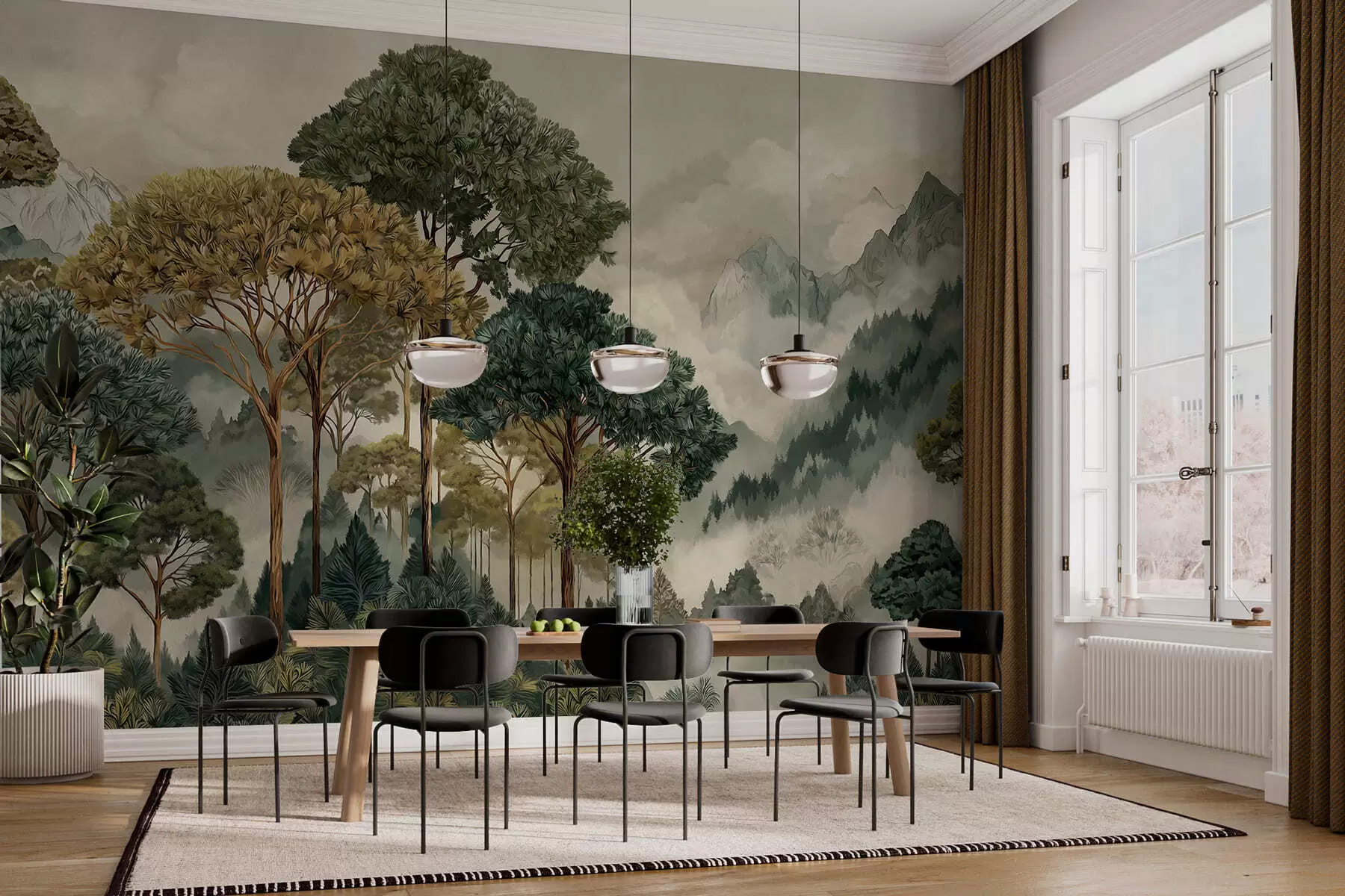 murais de parede Floresta com árvores altas nas montanhas enevoadas w05410
