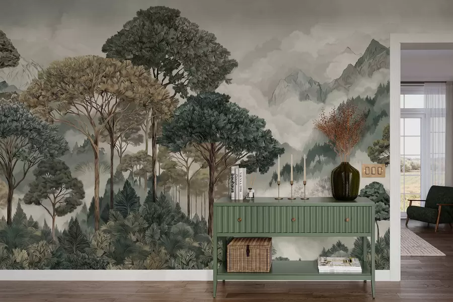 murais de parede Paisagem montanhosa com floresta em tons suaves w05410v1