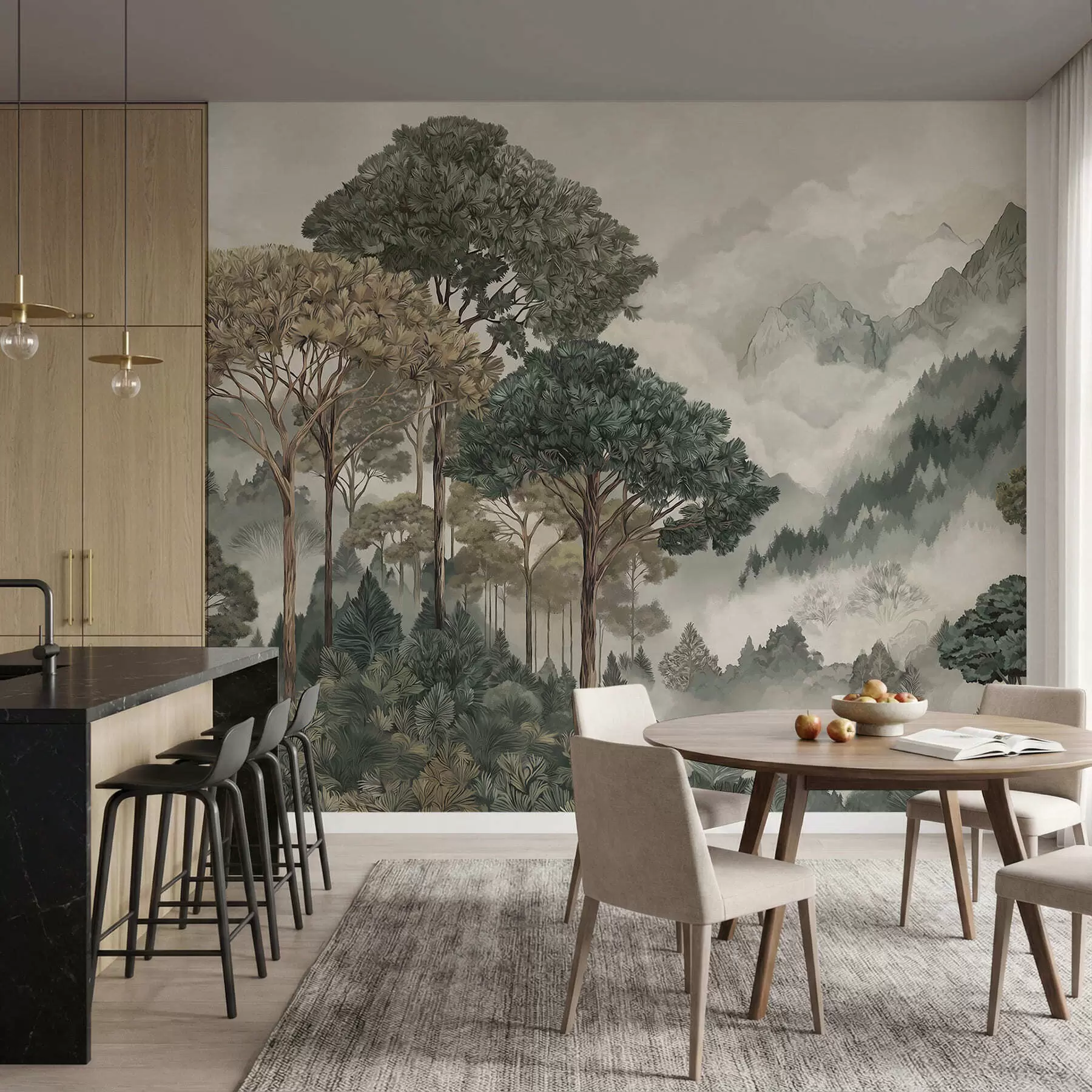 murais de parede Paisagem montanhosa com floresta em tons suaves w05410v1