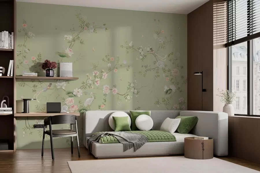 murais de parede Galhos floridos com pássaros sobre fundo verde claro w05416