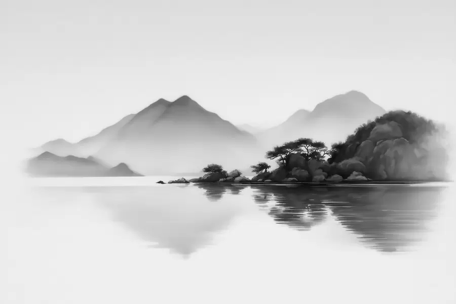 murais de parede Paisagem em preto e branco com montanhas e um lago envoltos por uma névoa suave w09803