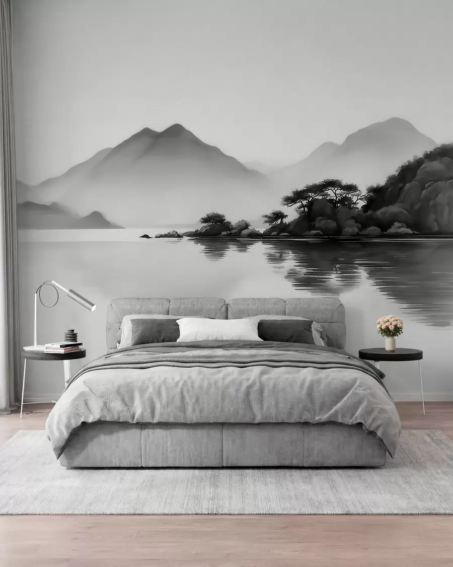 murais de parede Paisagem em preto e branco com montanhas e um lago envoltos por uma névoa suave w09803