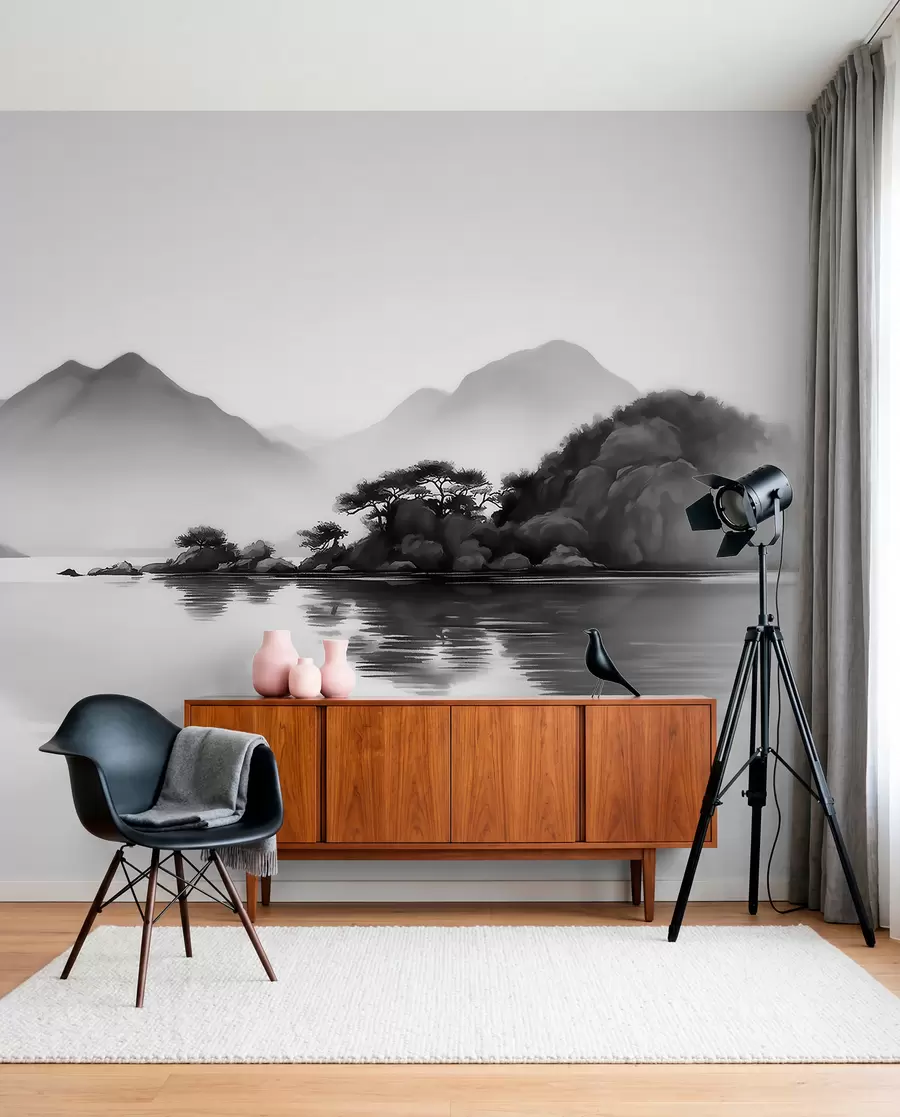 murais de parede Paisagem em preto e branco com montanhas e um lago envoltos por uma névoa suave w09803