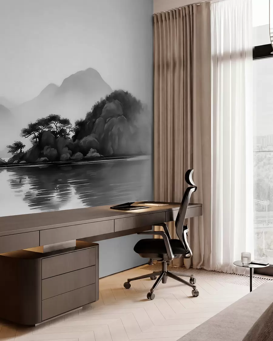 murais de parede Paisagem em preto e branco com montanhas e um lago envoltos por uma névoa suave w09803