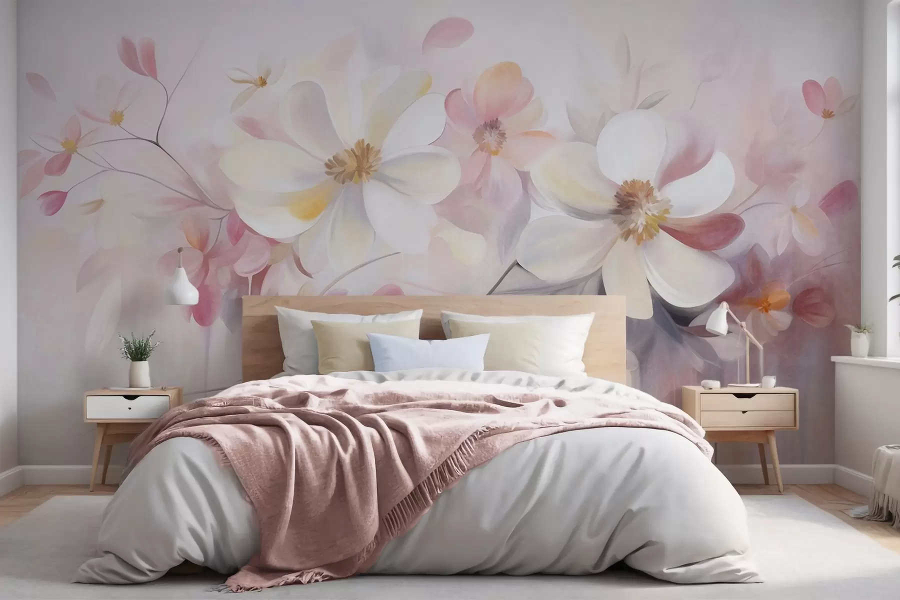 murais de parede Arte com flores brancas e rosa de pétalas delicadas, fundo abstrato e suave w09811