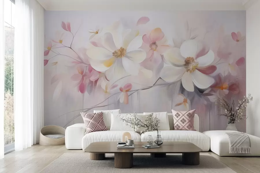 murais de parede Arte com flores brancas e rosa de pétalas delicadas, fundo abstrato e suave w09811