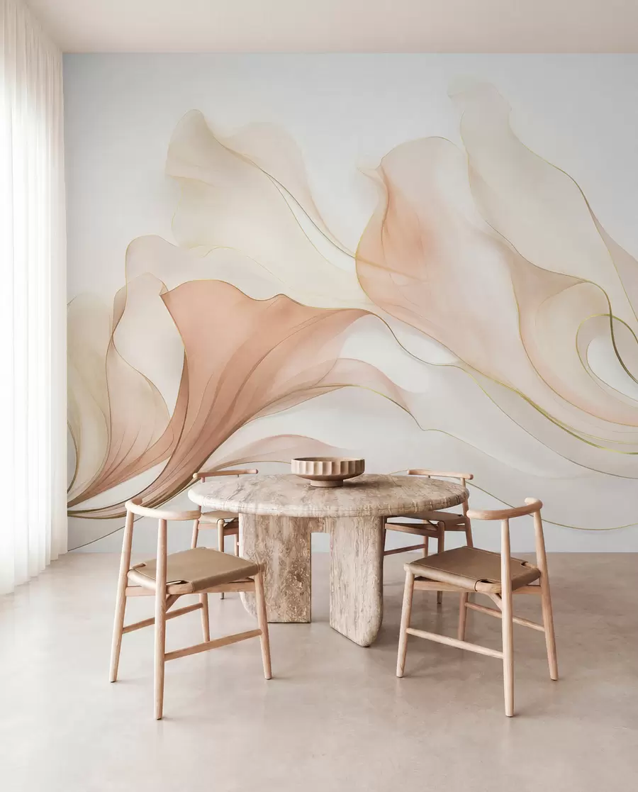 murais de parede Textura abstrata e fluida em tons de pêssego e creme, com linhas delicadas w09815