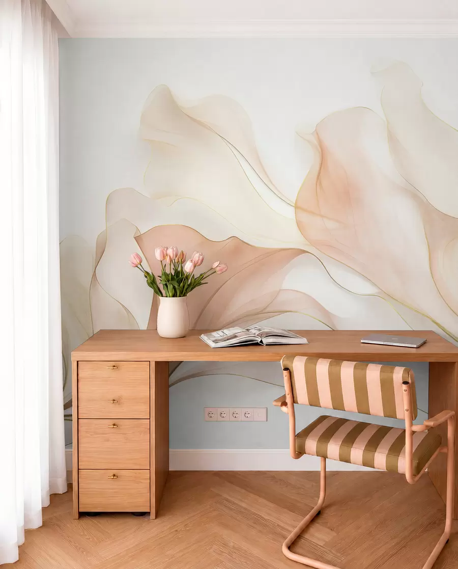 murais de parede Textura abstrata e fluida em tons de pêssego e creme, com linhas delicadas w09815