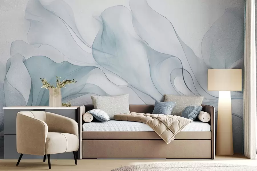 murais de parede Textura abstrata e fluida em tons de azul com linhas delicadas w09815v1