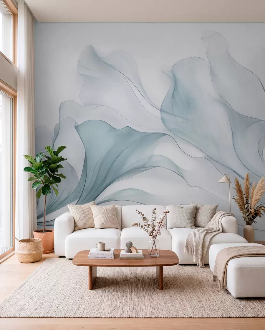 murais de parede Textura abstrata e fluida em tons de azul com linhas delicadas w09815v1