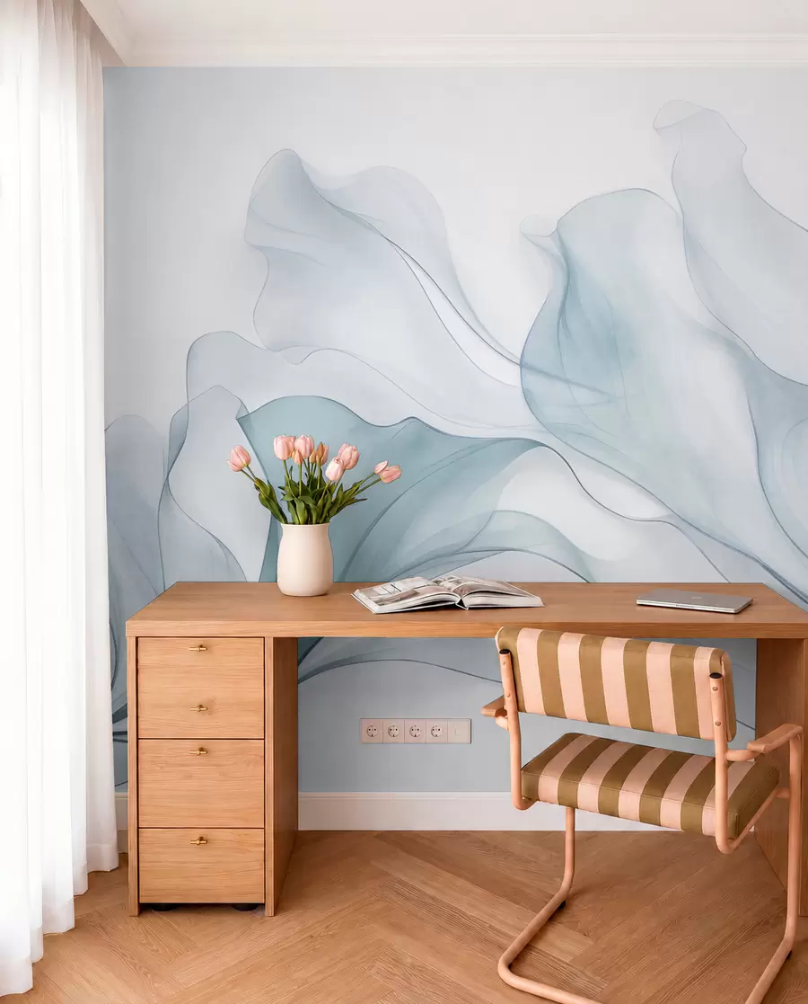 murais de parede Textura abstrata e fluida em tons de azul com linhas delicadas w09815v1