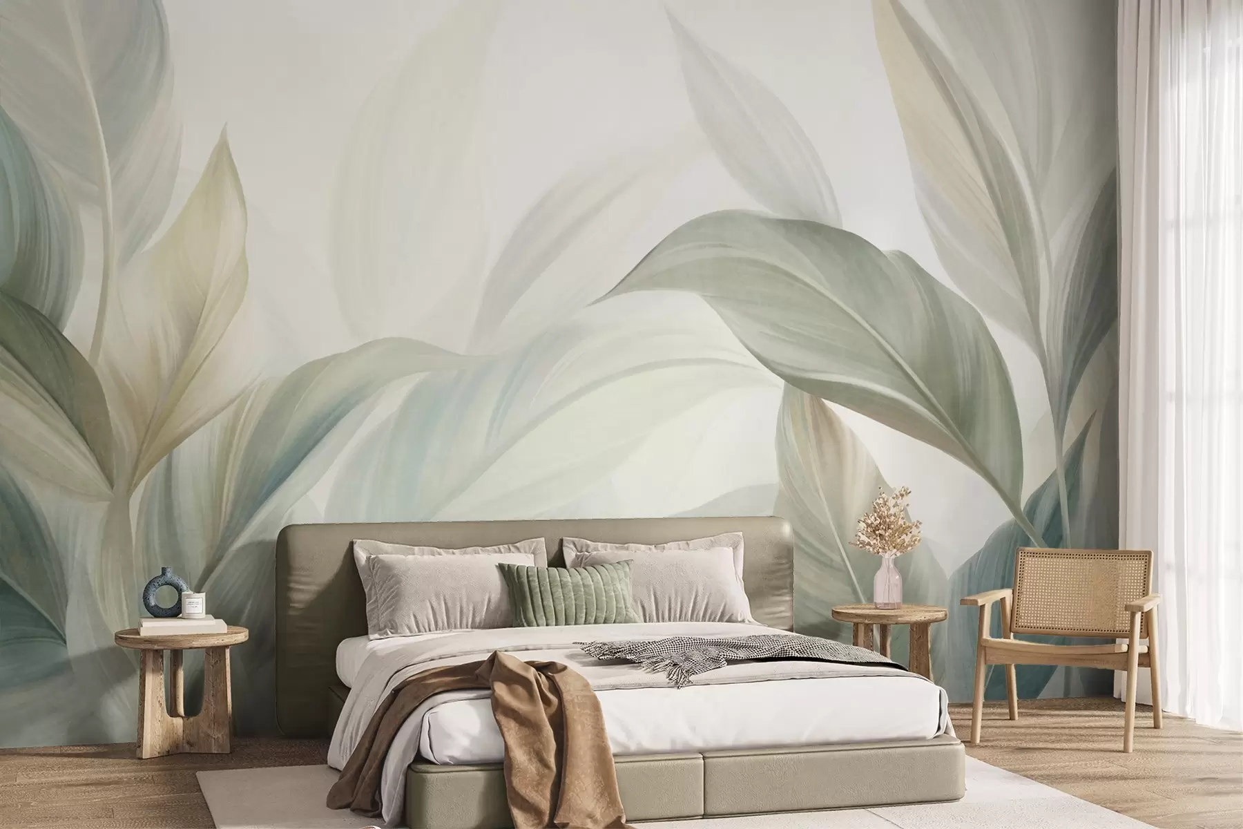 murais de parede Folhas tropicais grandes, de cor verde-claro, com tons suaves e pastéis, em arte texturizada w09816