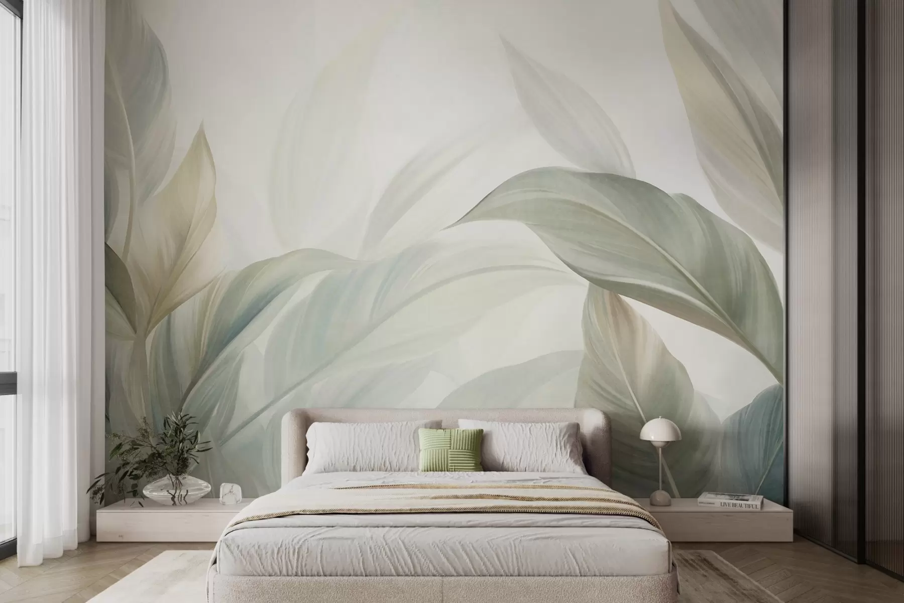 murais de parede Folhas tropicais grandes, de cor verde-claro, com tons suaves e pastéis, em arte texturizada w09816