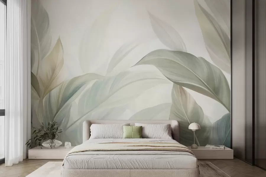 murais de parede Folhas tropicais grandes, de cor verde-claro, com tons suaves e pastéis, em arte texturizada w09816