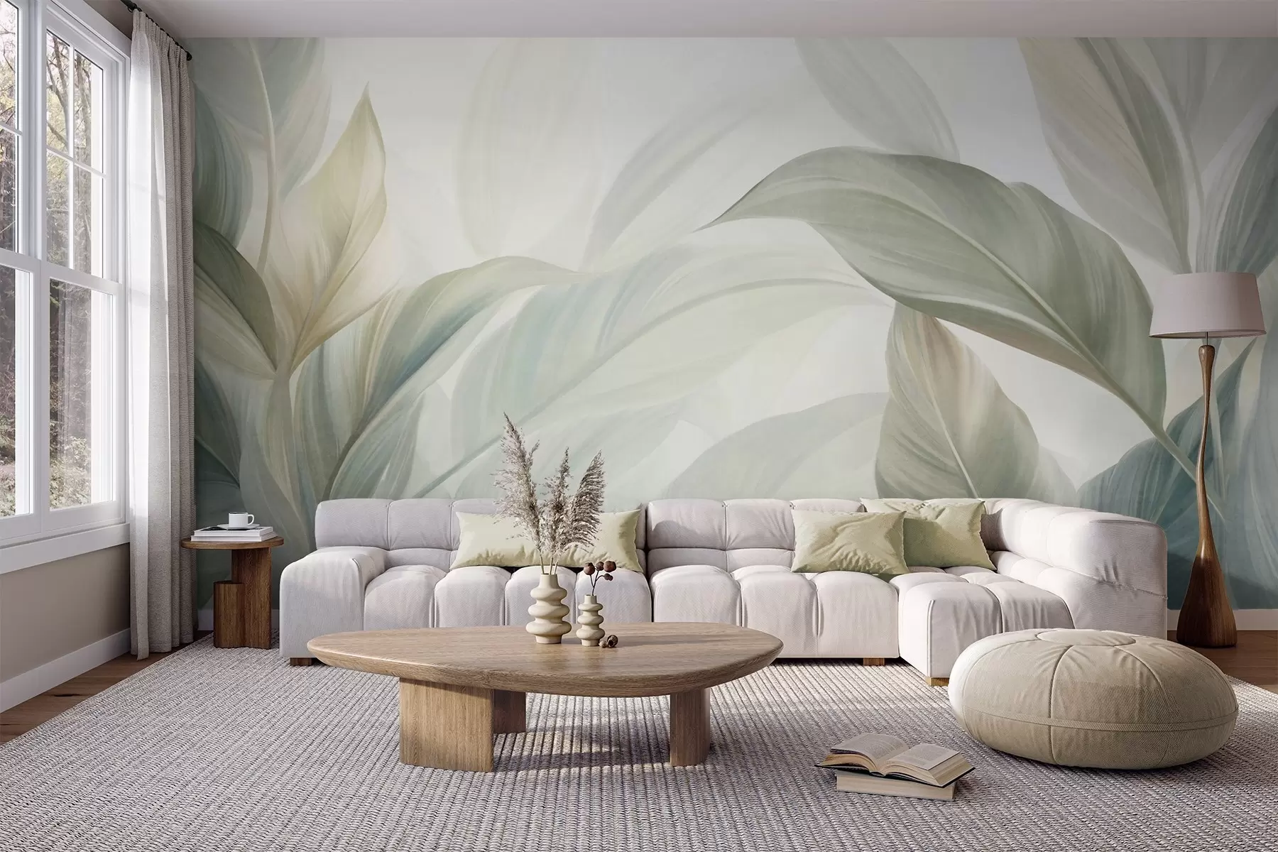 murais de parede Folhas tropicais grandes, de cor verde-claro, com tons suaves e pastéis, em arte texturizada w09816