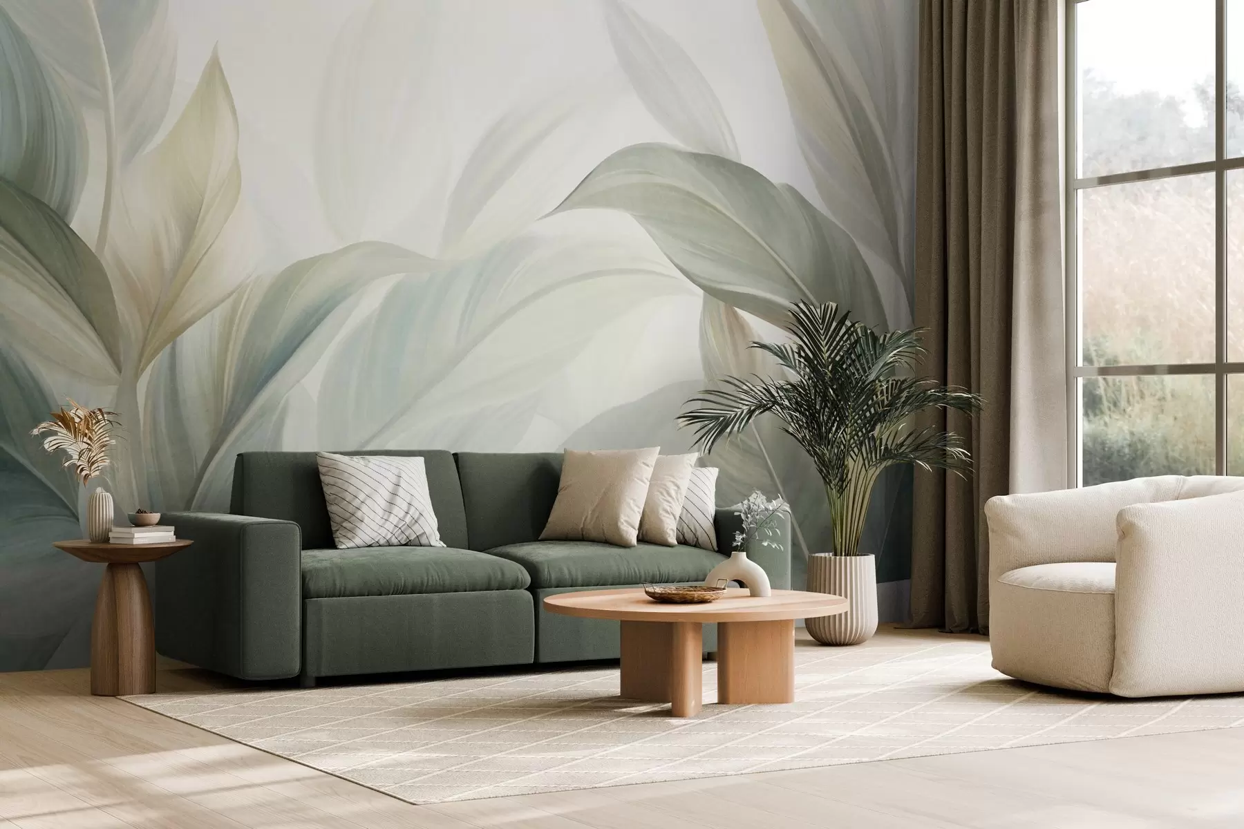 murais de parede Folhas tropicais grandes, de cor verde-claro, com tons suaves e pastéis, em arte texturizada w09816