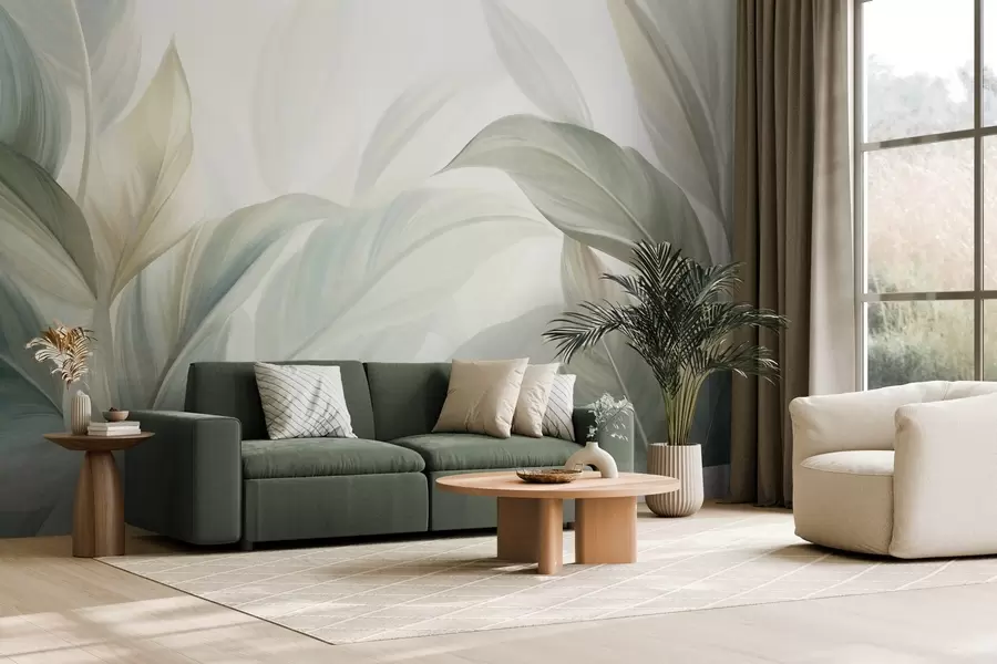 murais de parede Folhas tropicais grandes, de cor verde-claro, com tons suaves e pastéis, em arte texturizada w09816