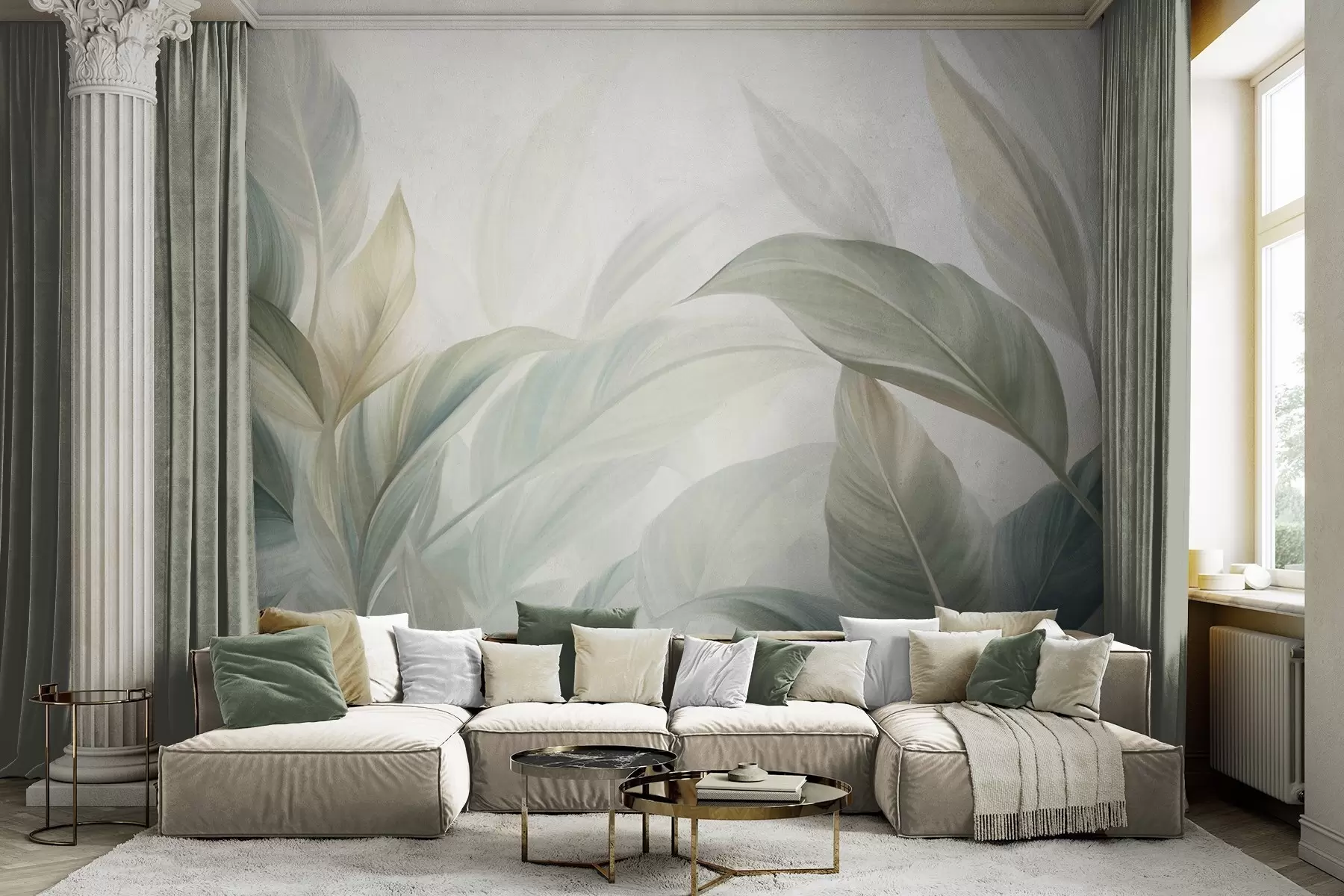 murais de parede Folhas tropicais grandes, de cor verde-claro, com tons suaves e pastéis, em arte texturizada w09816