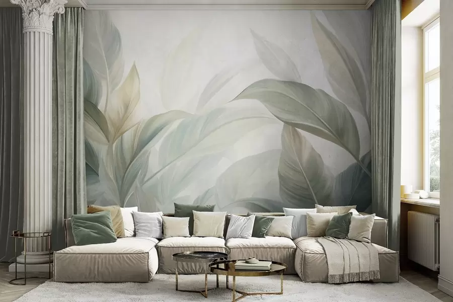 murais de parede Folhas tropicais grandes, de cor verde-claro, com tons suaves e pastéis, em arte texturizada w09816