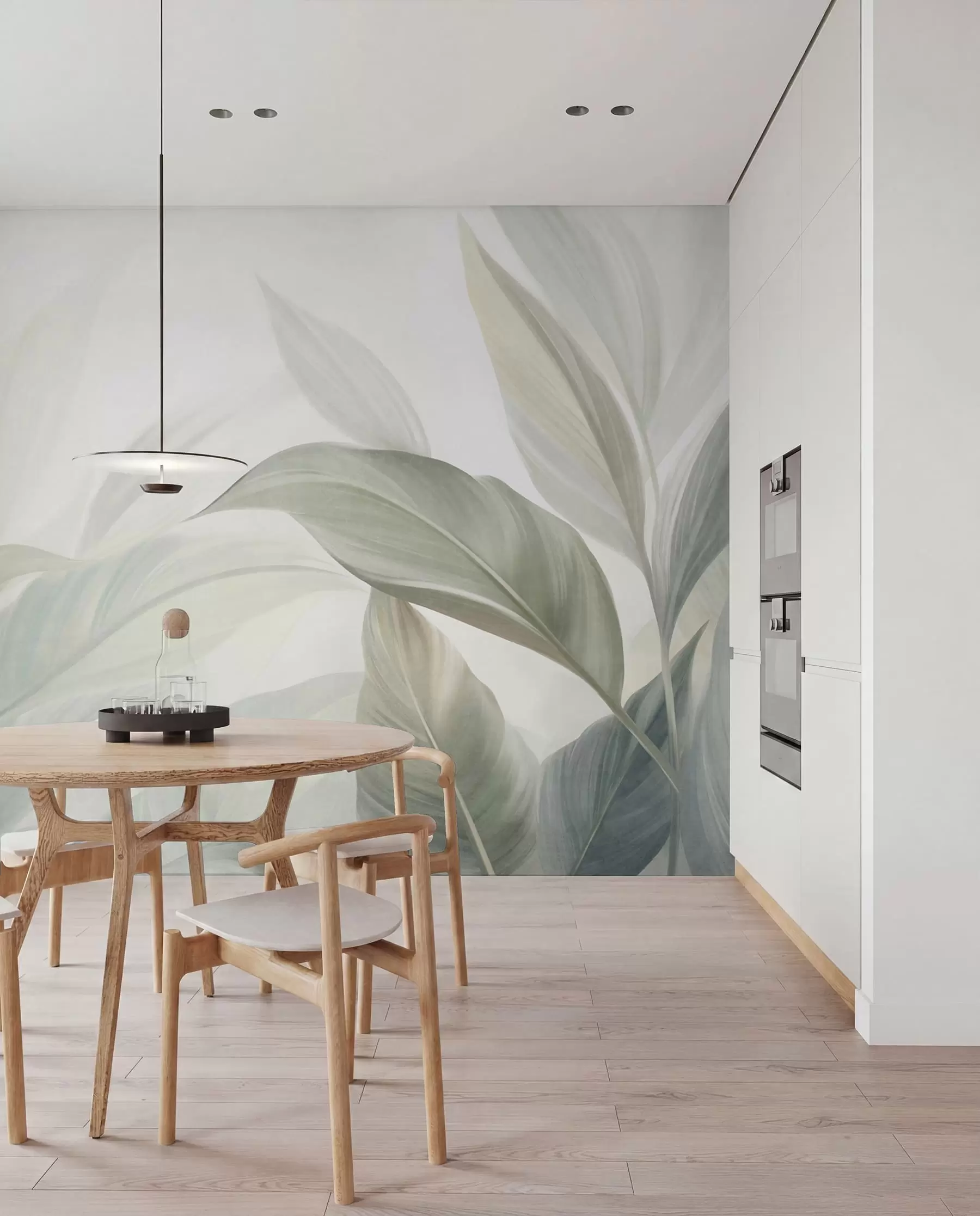 murais de parede Folhas tropicais grandes, de cor verde-claro, com tons suaves e pastéis, em arte texturizada w09816
