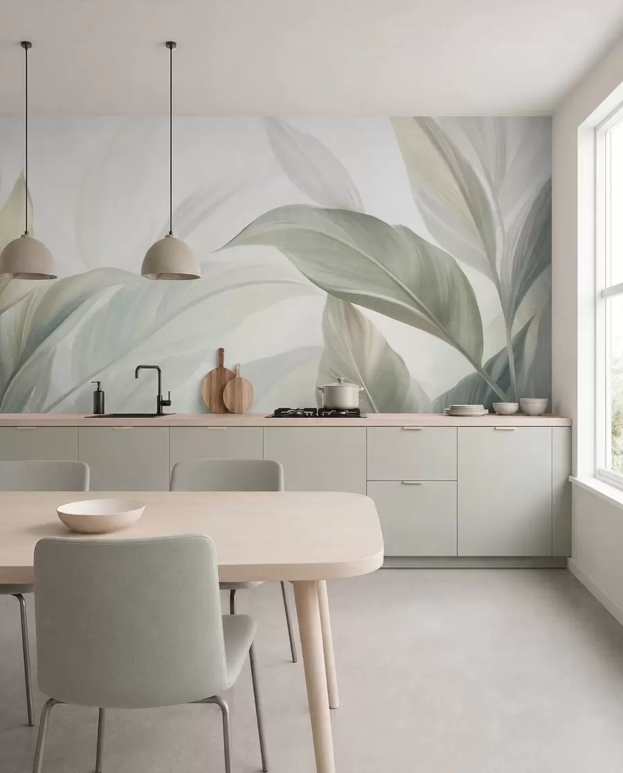 murais de parede Folhas tropicais grandes, de cor verde-claro, com tons suaves e pastéis, em arte texturizada w09816