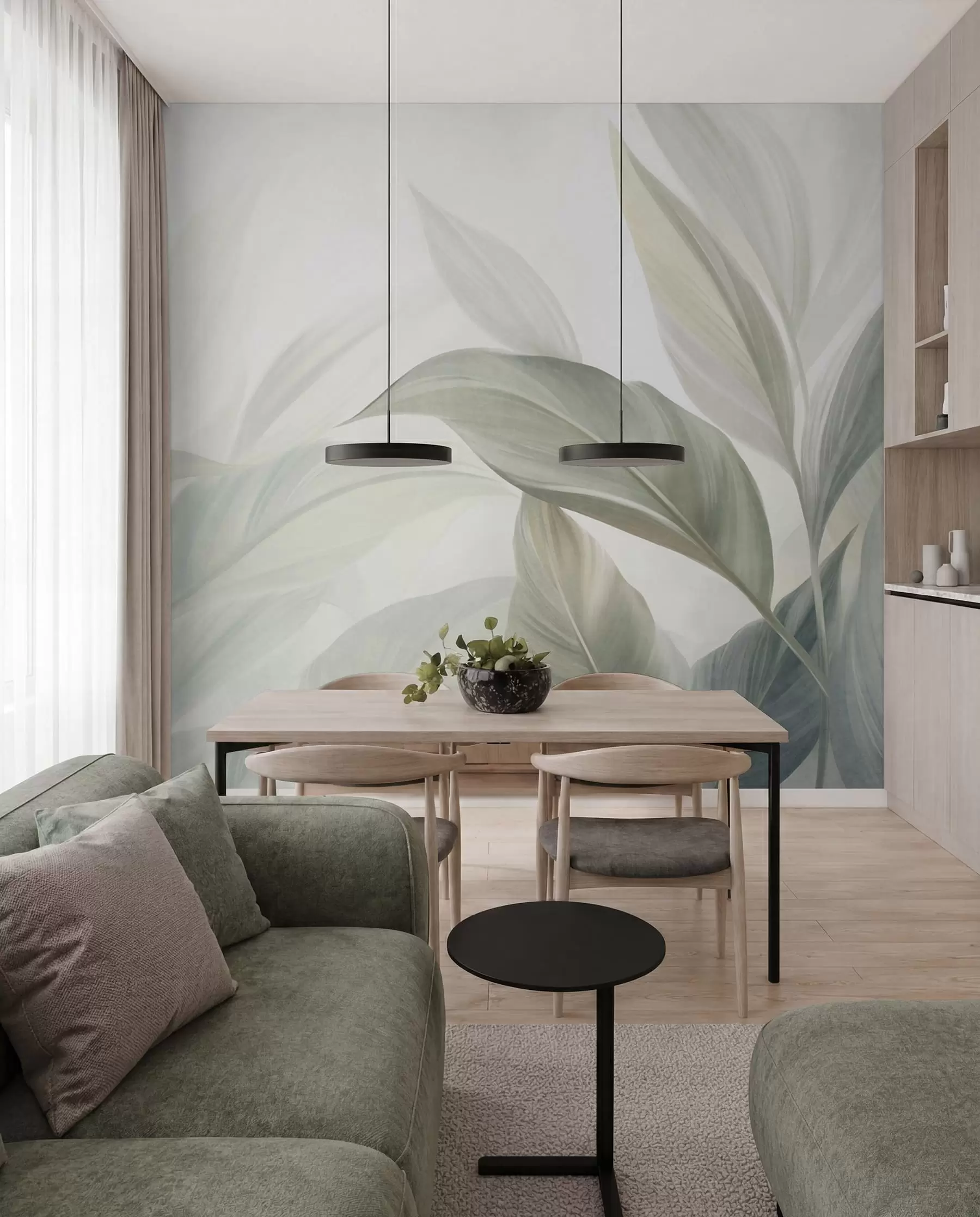 murais de parede Folhas tropicais grandes, de cor verde-claro, com tons suaves e pastéis, em arte texturizada w09816
