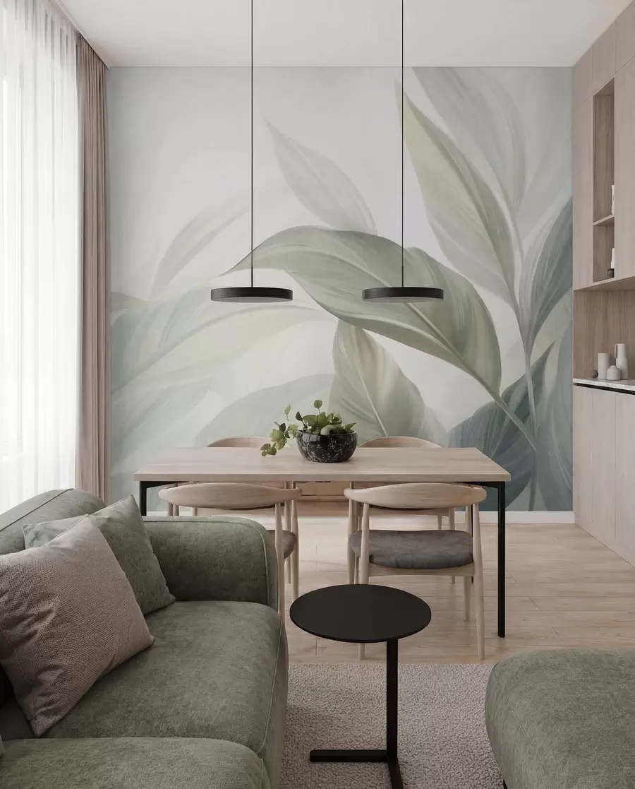 murais de parede Folhas tropicais grandes, de cor verde-claro, com tons suaves e pastéis, em arte texturizada w09816
