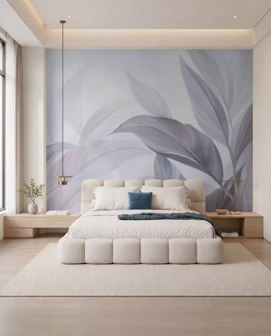 murais de parede Folhas tropicais grandes, em tons de azul claro e violeta, com cores suaves em tons pastéis e textura artística w09816v1