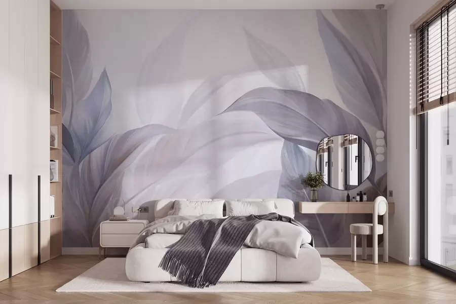 murais de parede Folhas tropicais grandes, em tons de azul claro e violeta, com cores suaves em tons pastéis e textura artística w09816v1