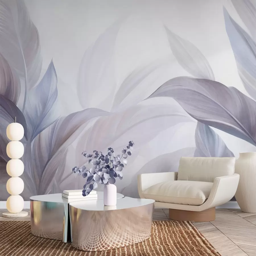 murais de parede Folhas tropicais grandes, em tons de azul claro e violeta, com cores suaves em tons pastéis e textura artística w09816v1