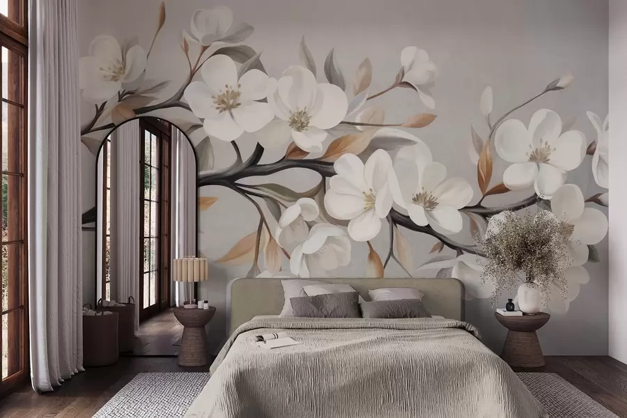 murais de parede Galho texturizado com flores brancas e folhas marrons sobre um fundo cinza claro w09817