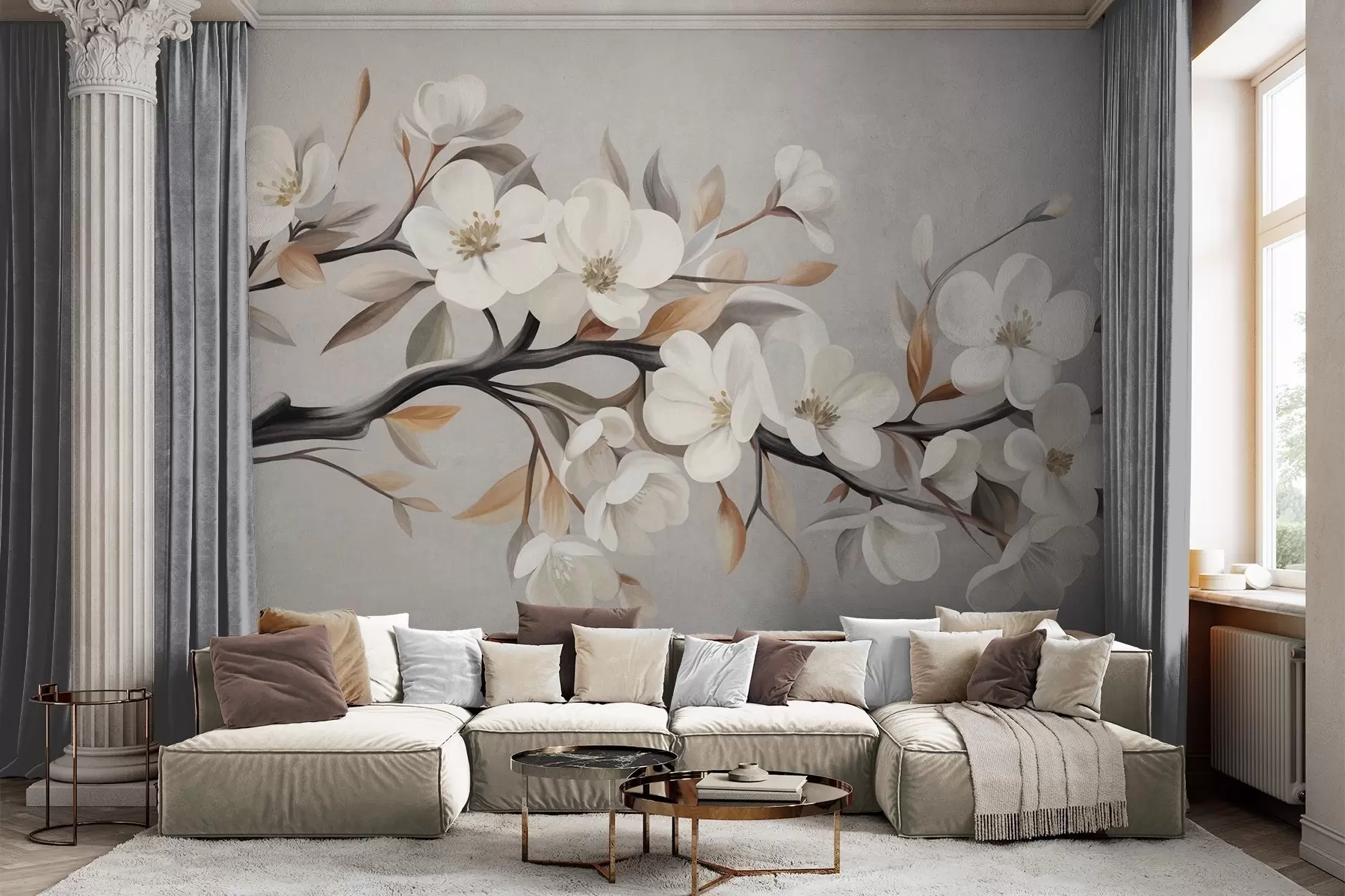 murais de parede Galho texturizado com flores brancas e folhas marrons sobre um fundo cinza claro w09817