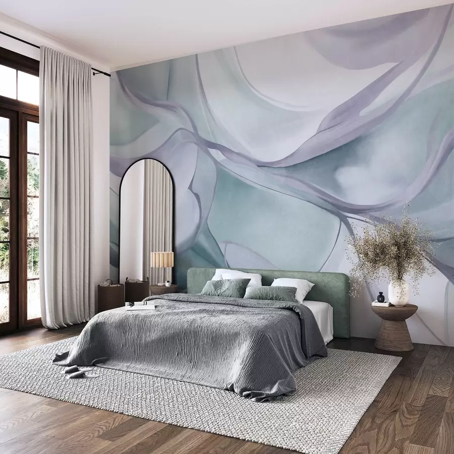 murais de parede Formas fluidas com textura abstrata em tons de azul e cinza, delineadas por linhas delicadas w09818v1