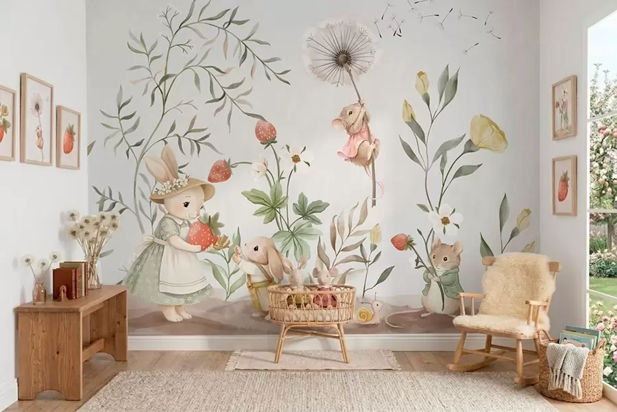 murais de parede Ilustração infantil de um coelho e um rato entre plantas e flores w05422