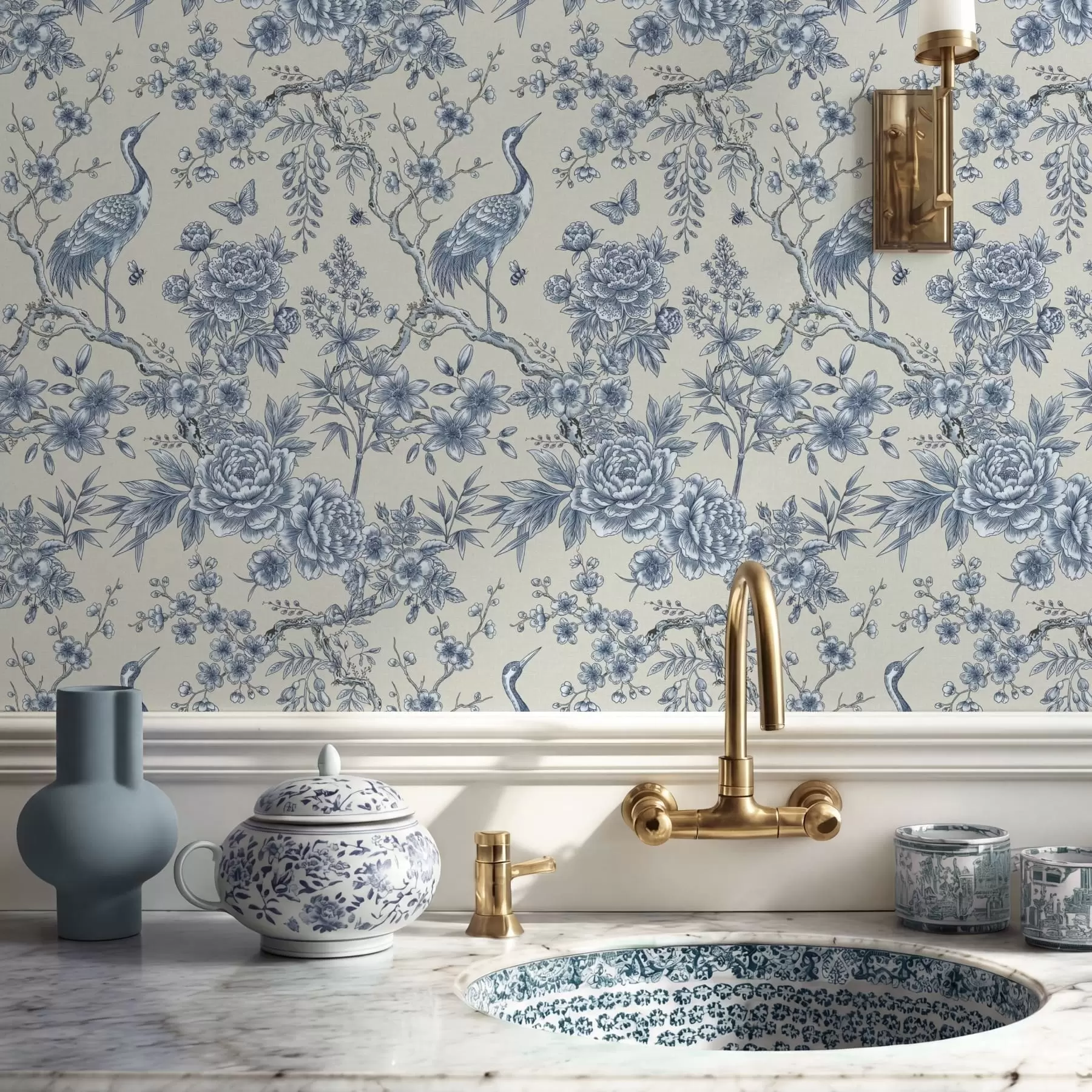 murais de parede Ornamento floral azul com pássaro e galhos a01132