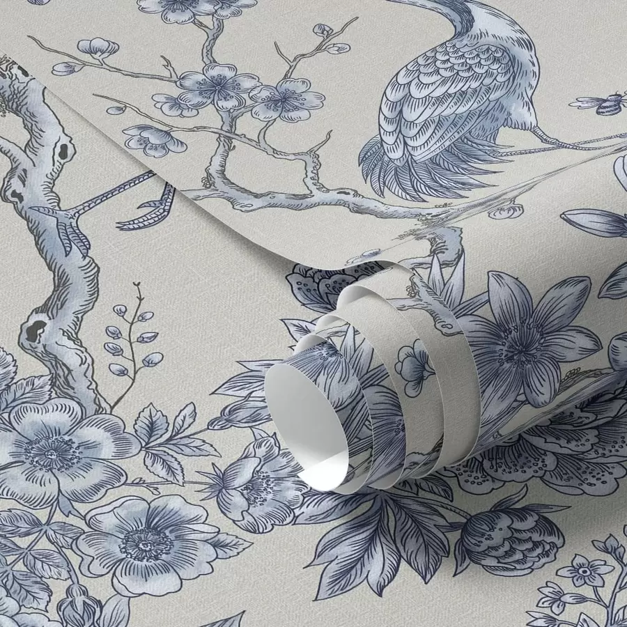 murais de parede Ornamento floral azul com pássaro e galhos a01132