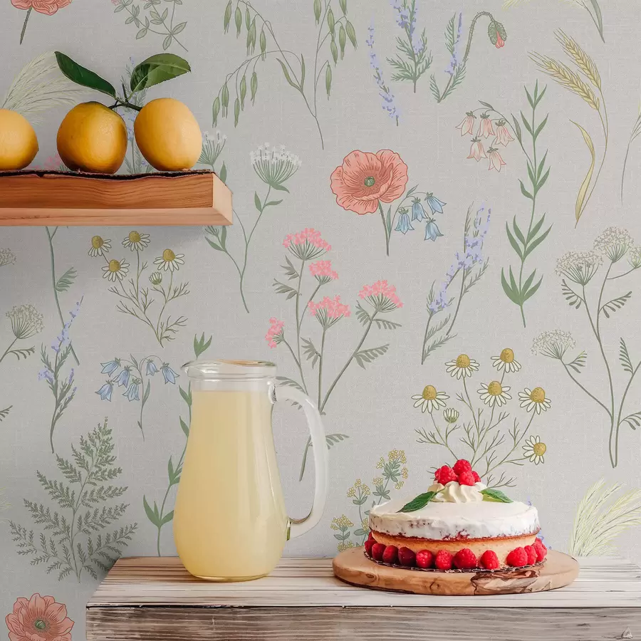 murais de parede Padrão delicado de flores silvestres sobre fundo claro a01152
