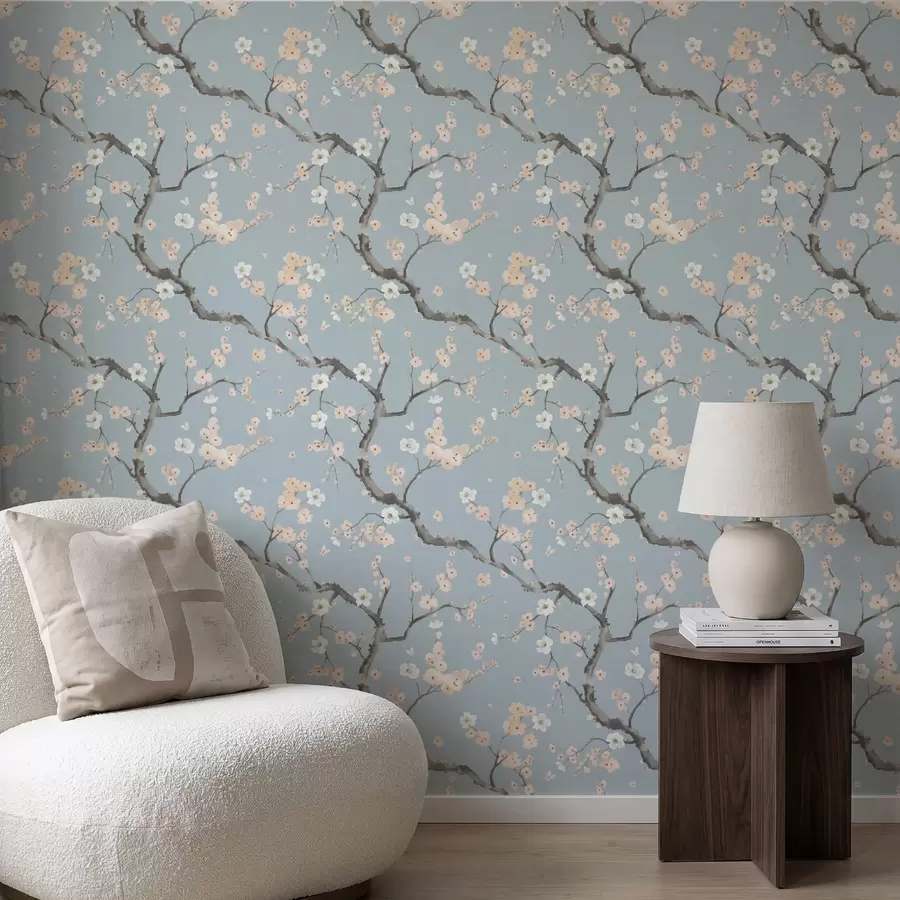 murais de parede Galhos com flores sobre fundo azul a01155