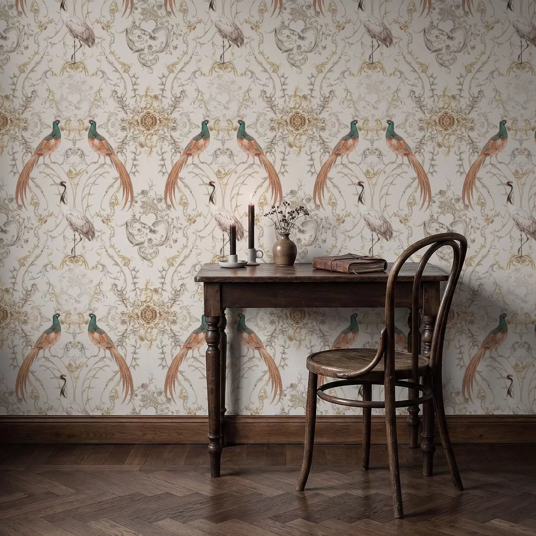 murais de parede Padrão ornamental com pássaros e motivos a01156