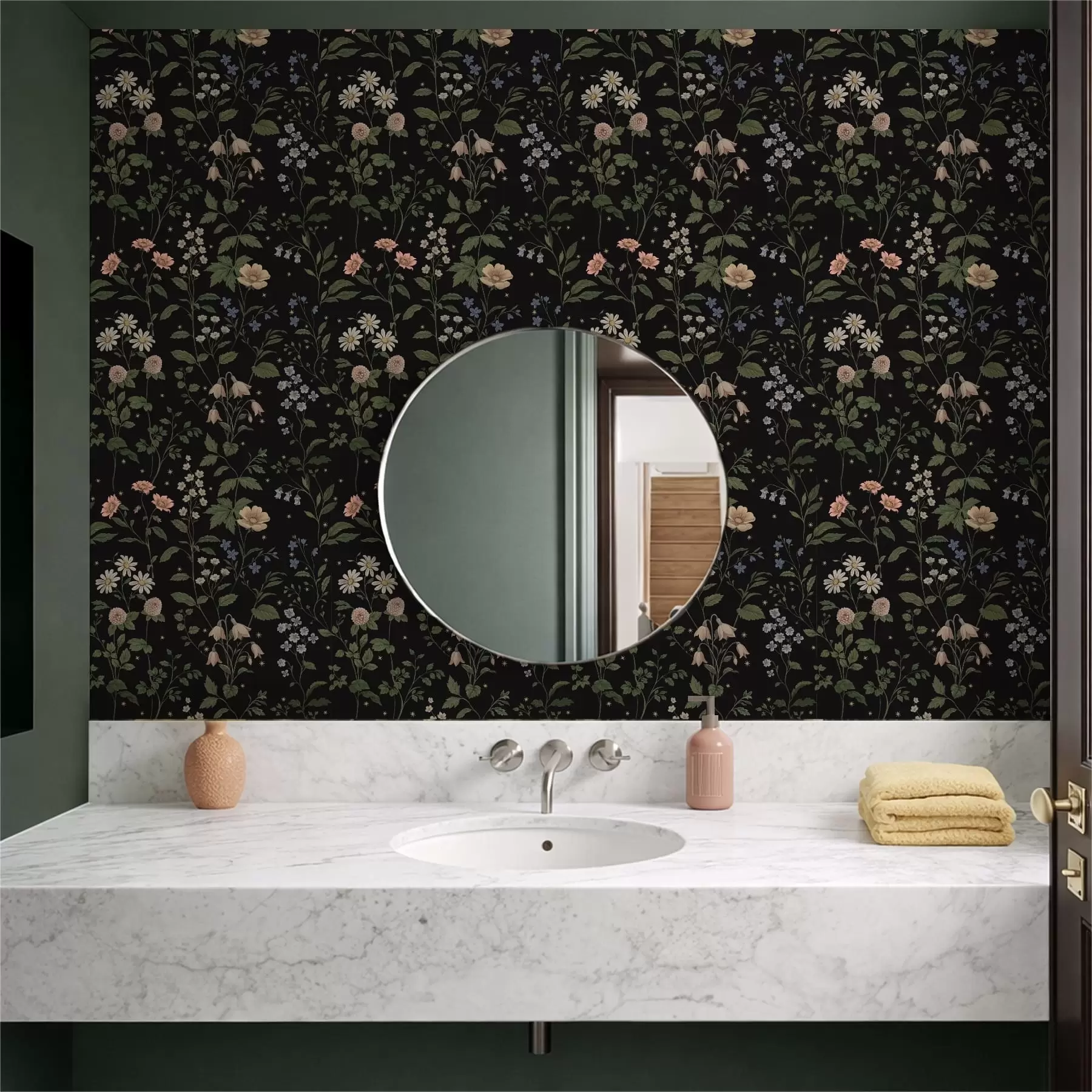 murais de parede Padrão floral sobre fundo preto com estrelas a01160