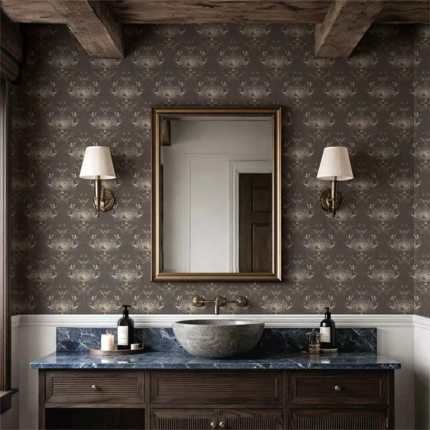 murais de parede Enfeite com cisnes e pássaros em estilo clássico a01161