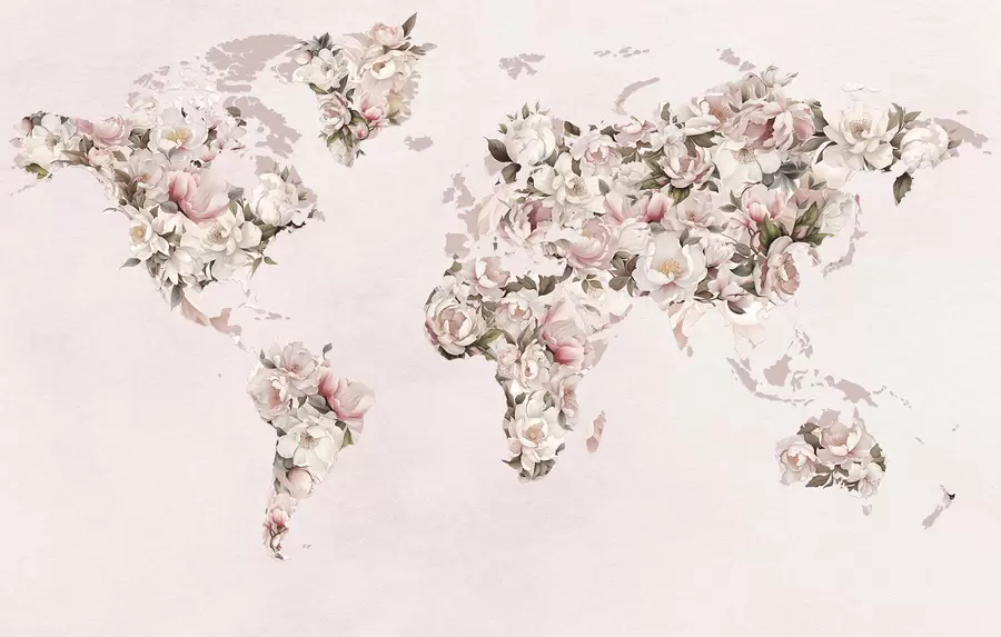 murais de parede Um mapa-múndi rosa feito de grandes peônias brancas e rosa c00005