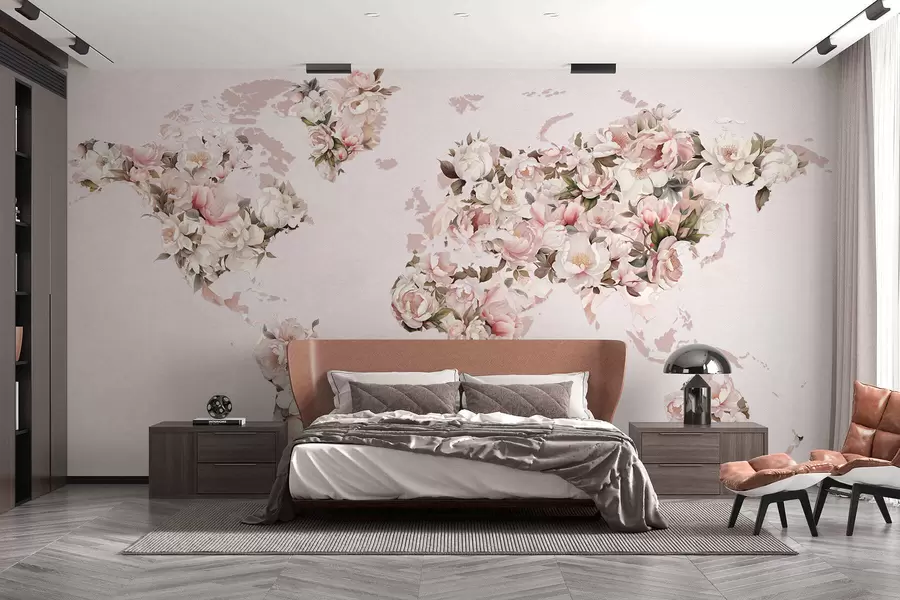 murais de parede Um mapa-múndi rosa feito de grandes peônias brancas e rosa c00005