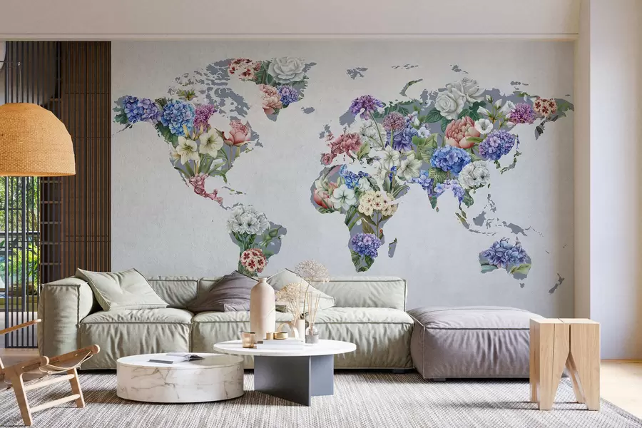 murais de parede Um mapa colorido do mundo feito com uma variedade de flores vibrantes c00006