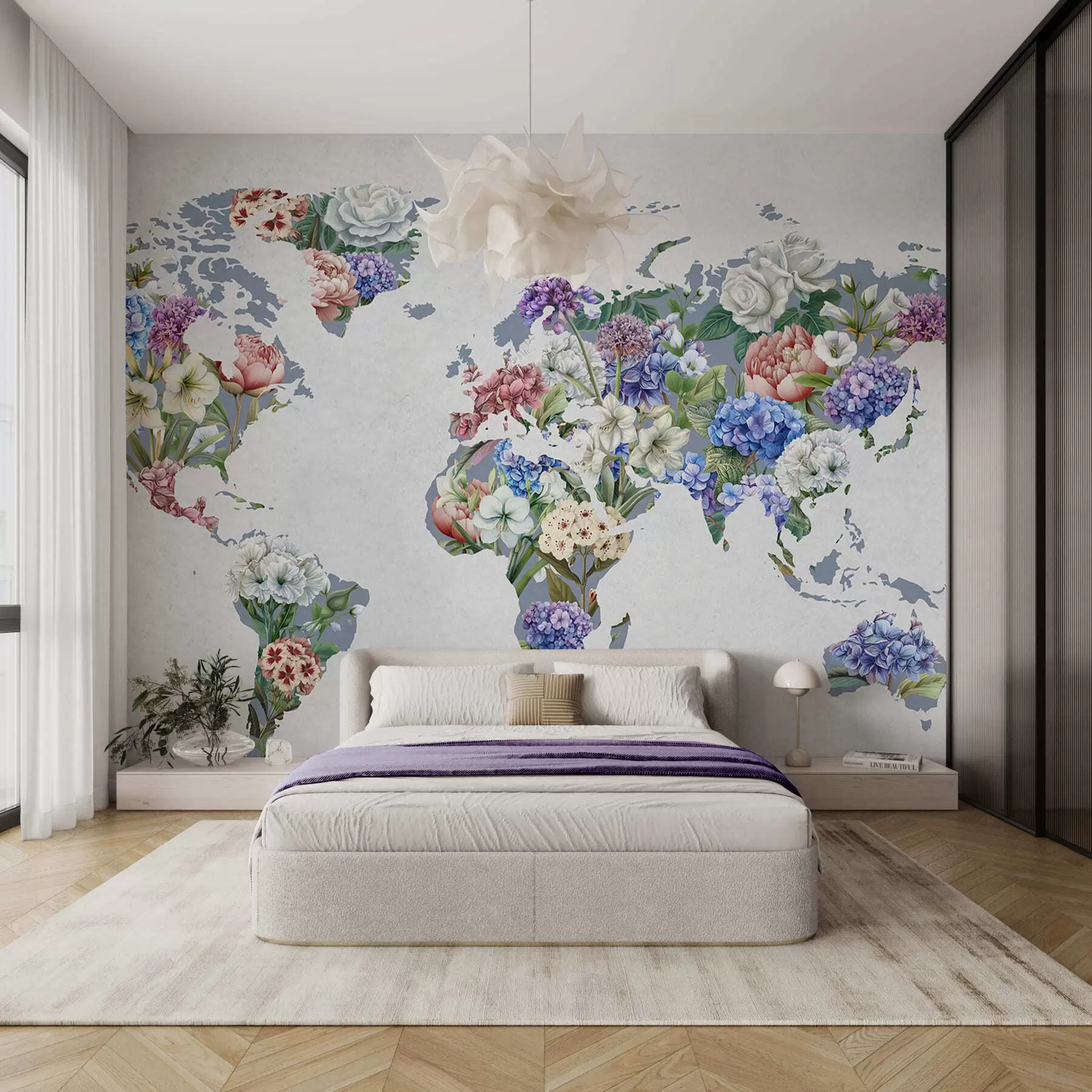 murais de parede Um mapa colorido do mundo feito com uma variedade de flores vibrantes c00006